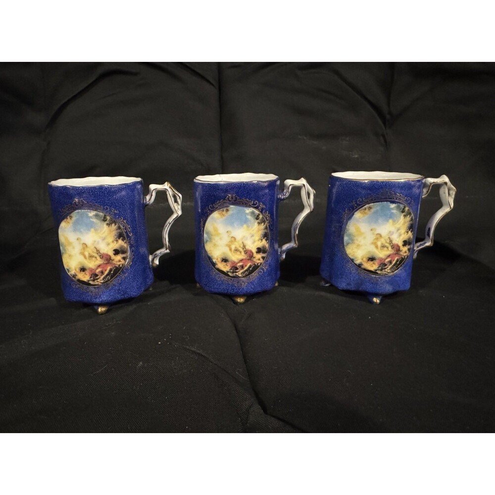 Set of 3 Vintage RS. Prussia Cobalt Blue Footed Mugs with Gilded Classical Scene